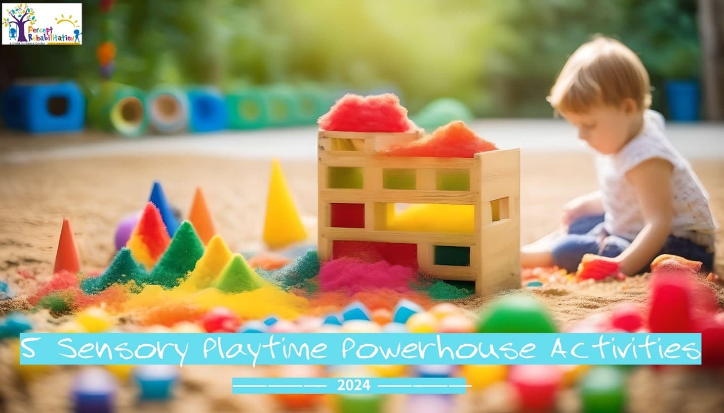Child playing with colorful building blocks during therapy at Percept Rehabilitation